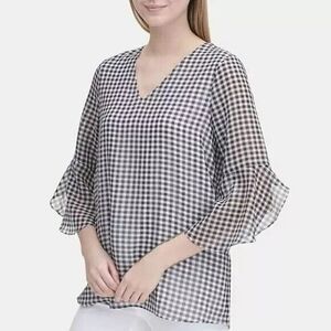 Calvin Klein chiffon flare sleeve gingham tunic‎ top womens Size XL black white